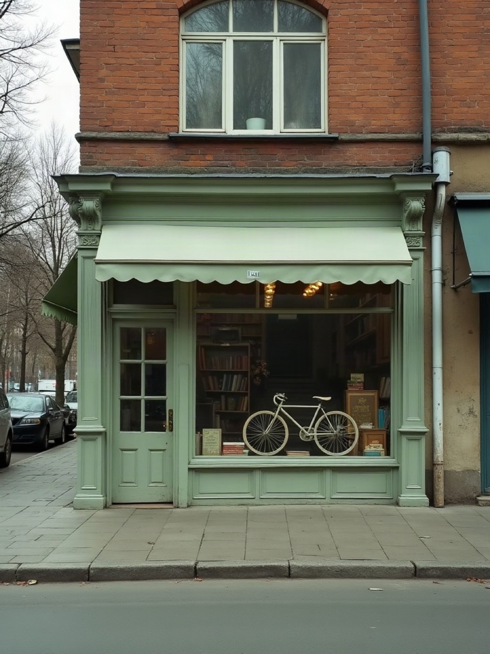 Brick and plaster shop facade with tall windows on a tree-lined Dnipro street