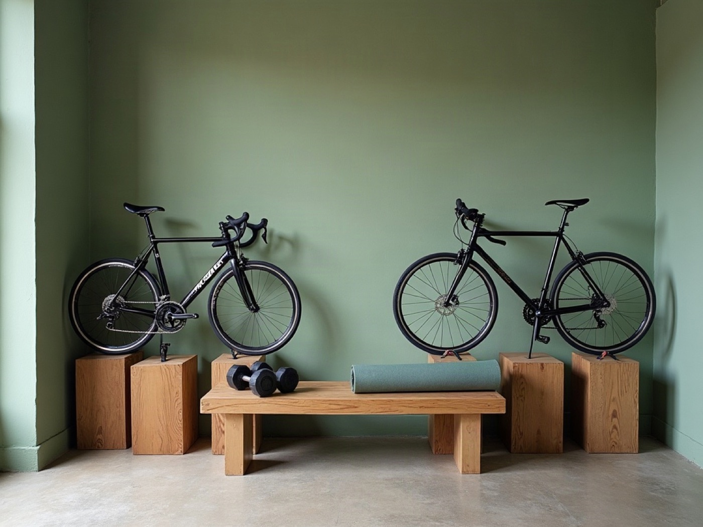 Two city bicycles on timber stands with a racket, yoga mat, and dumbbells