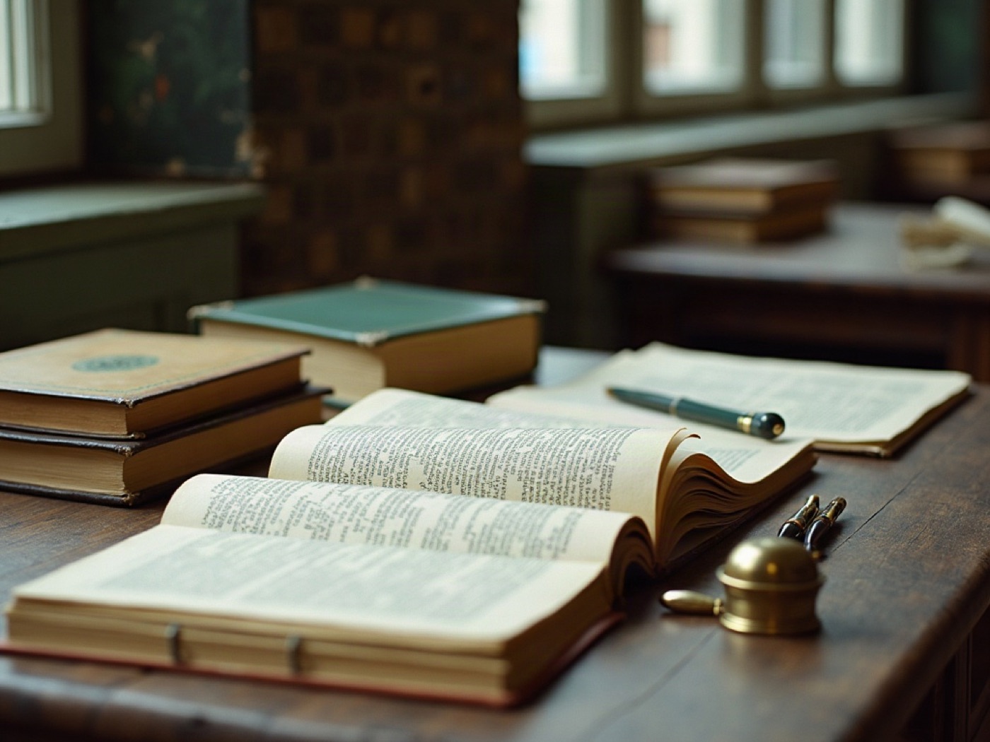 Hardcovers, periodicals, linen notebooks, and pens on a walnut table