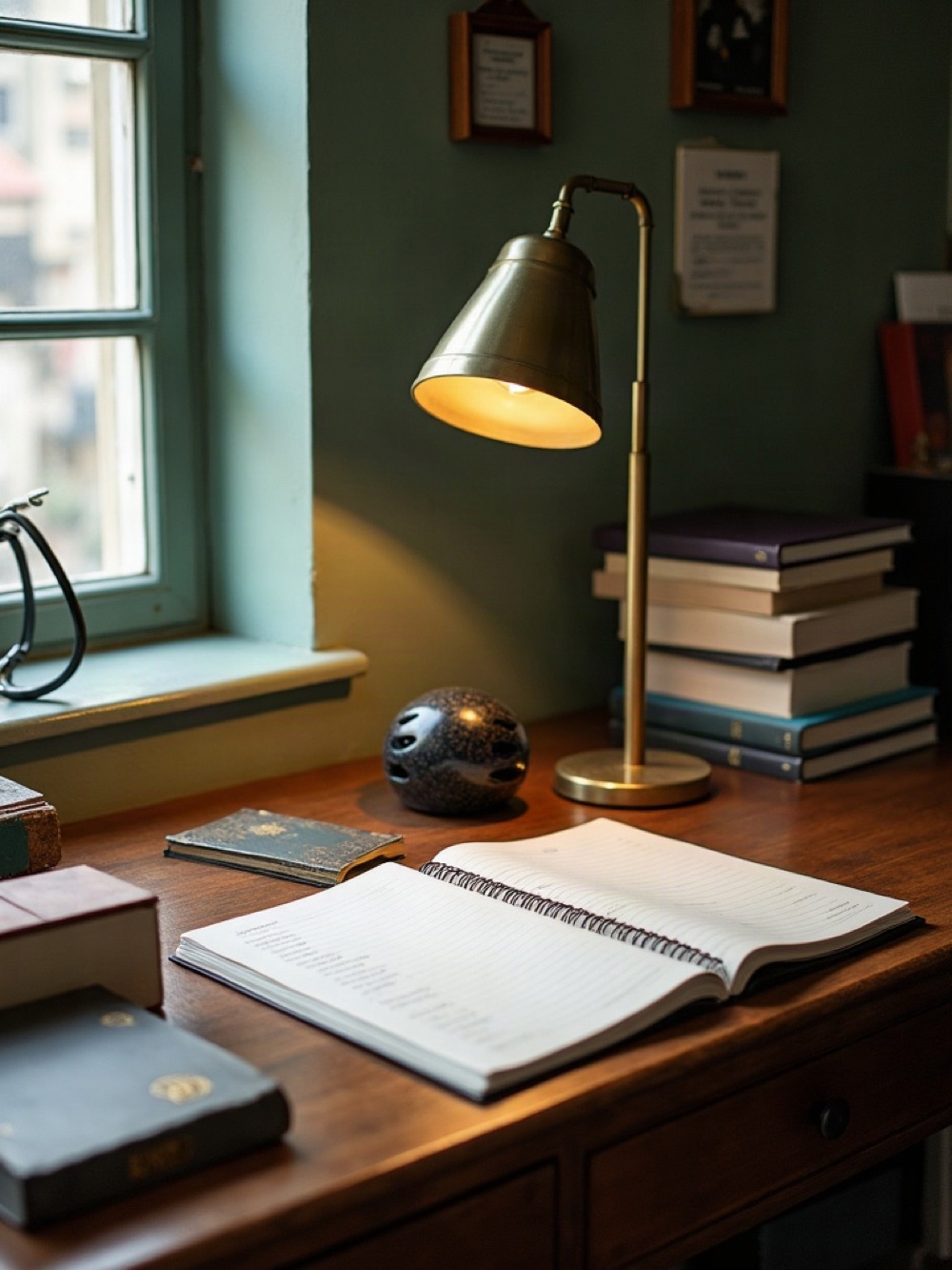 Consultant desk with a ledger, stacked books, a helmet, and stationery samples
