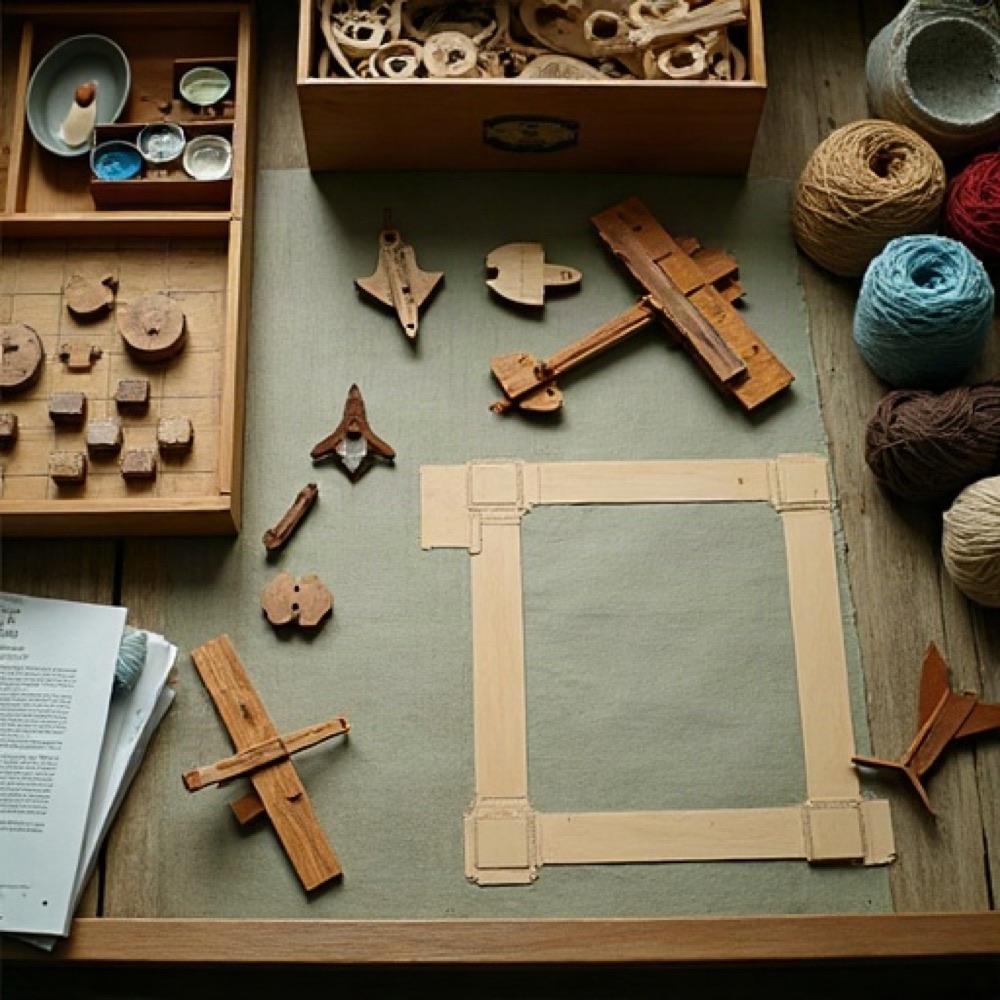 Hobby table with construction-kit pieces, game tokens, watercolor pans, and yarn
